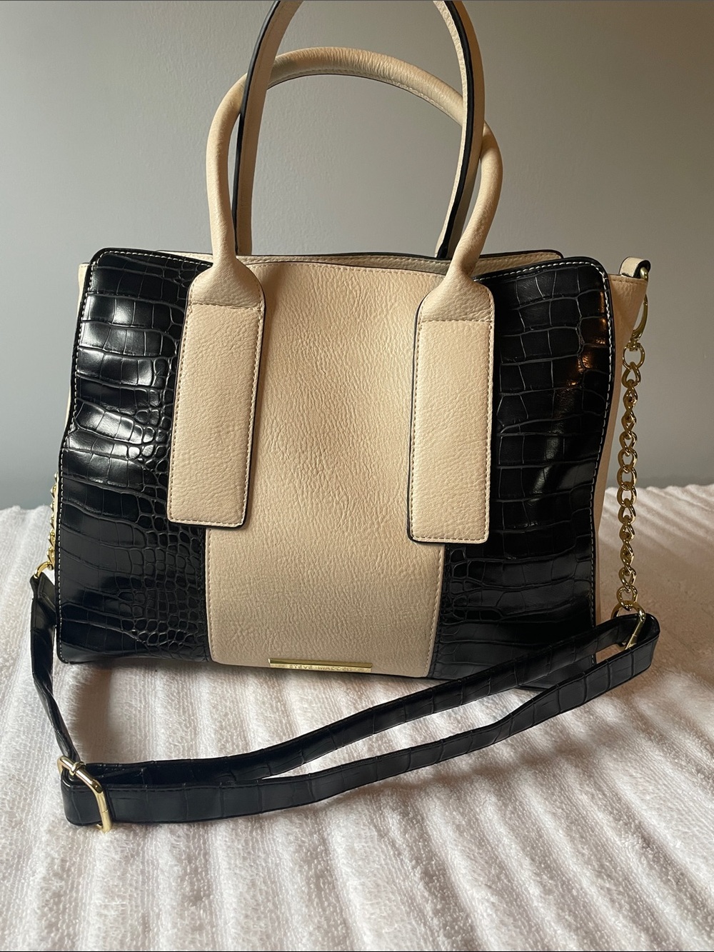 Steve Madden Two-Tone Black and Cream Structured Tote Bag